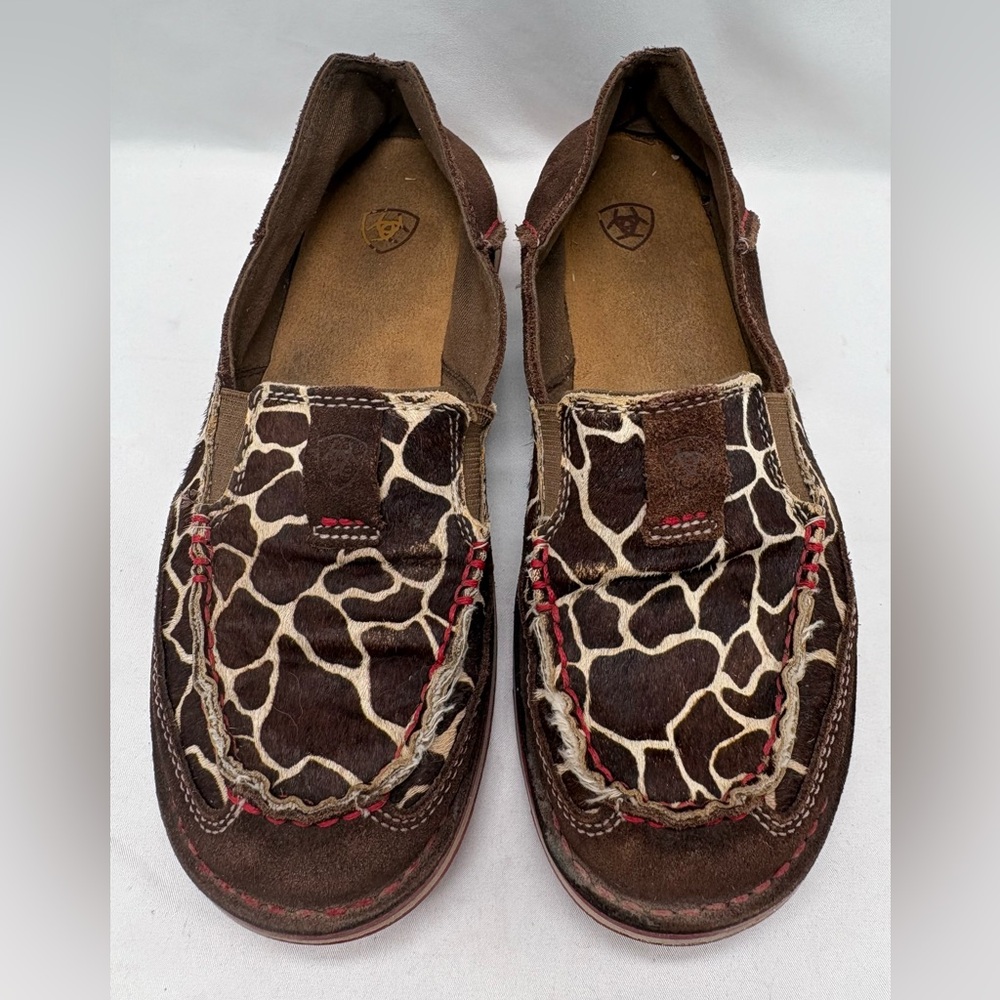 Ariat Women Cruiser Loafer Chocolate Leather Suede Giraffe Print Shoe 6.5 B